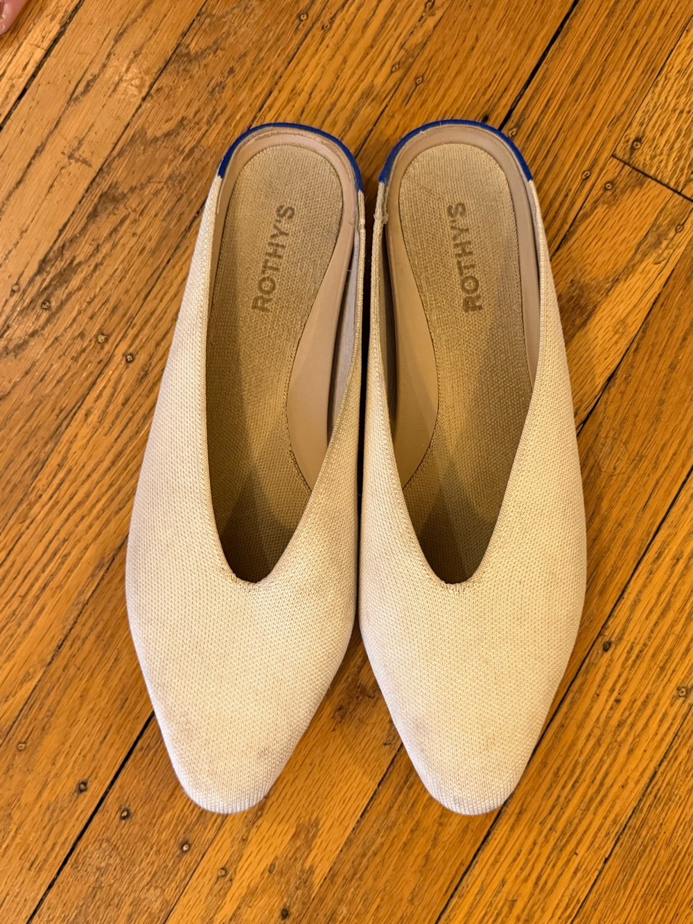 Rothy's Cream Pointed-Toe Slip-On Mules with Blue Trim